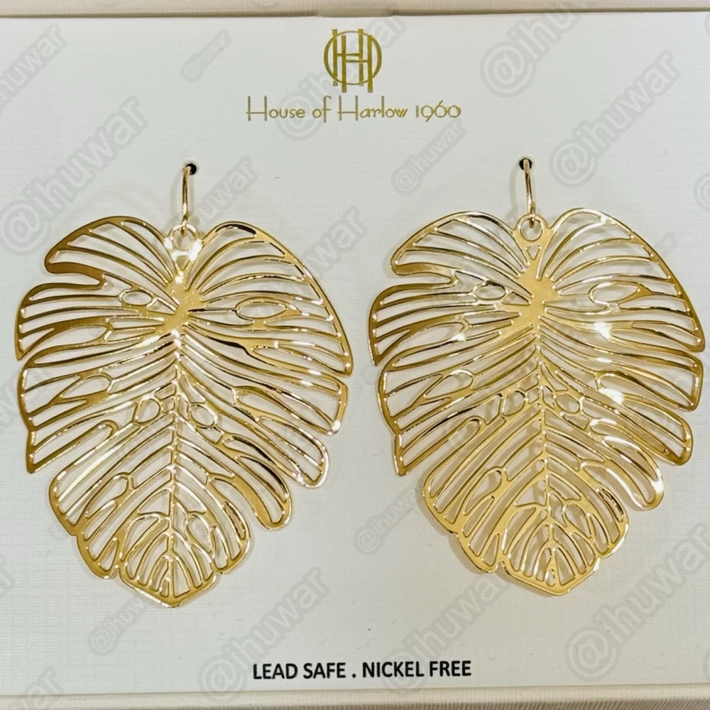 HOUSE OF HARLOW 1960 Gold Tone Palm Leaf Dangle Earrings - Picture 3 of 13